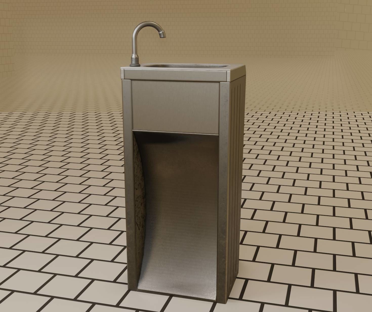 Public Metal Sink - 12- with Wastebin Low-poly 3D model_4
