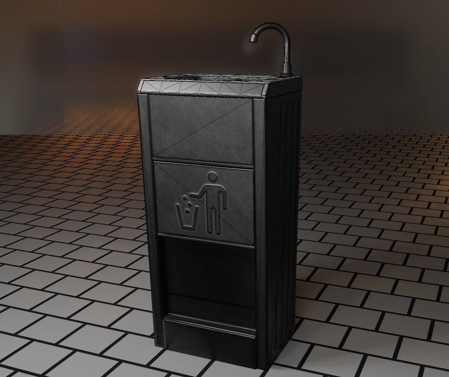 Public Metal Sink - 12- with Wastebin Low-poly 3D model_92