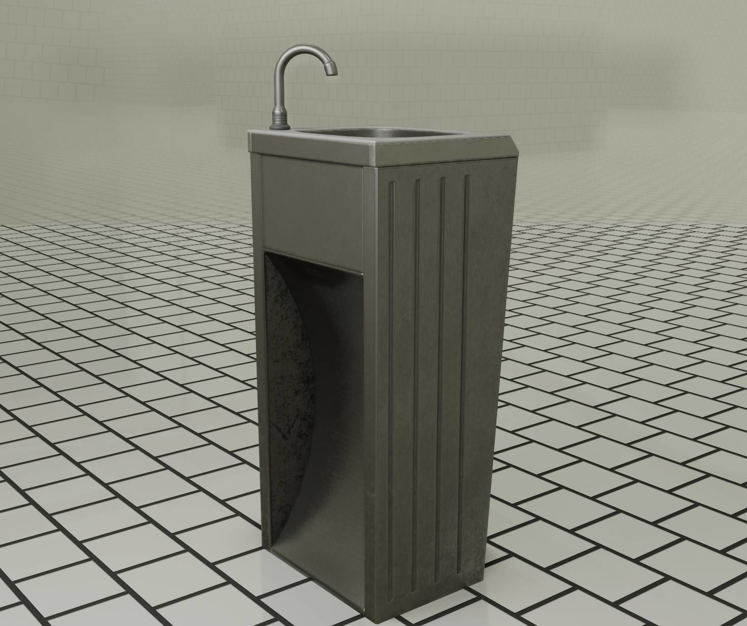 Public Metal Sink - 12- with Wastebin Low-poly 3D model_3