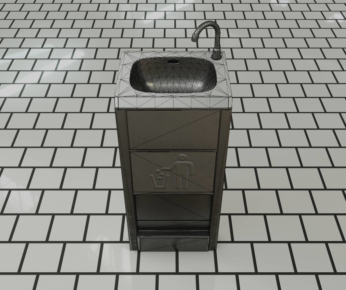 Public Metal Sink - 12- with Wastebin Low-poly 3D model_85