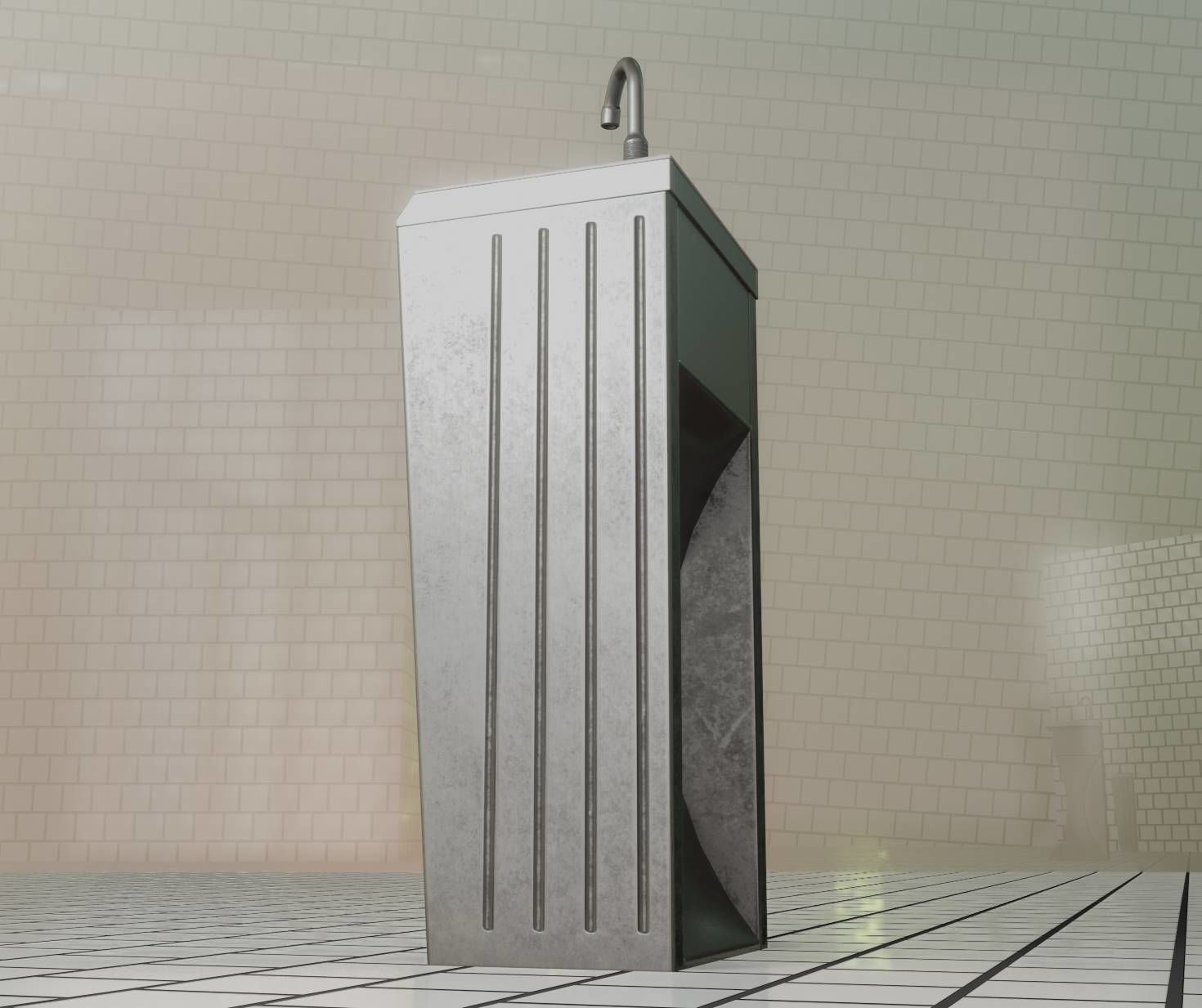 Public Metal Sink - 12- with Wastebin Low-poly 3D model_7