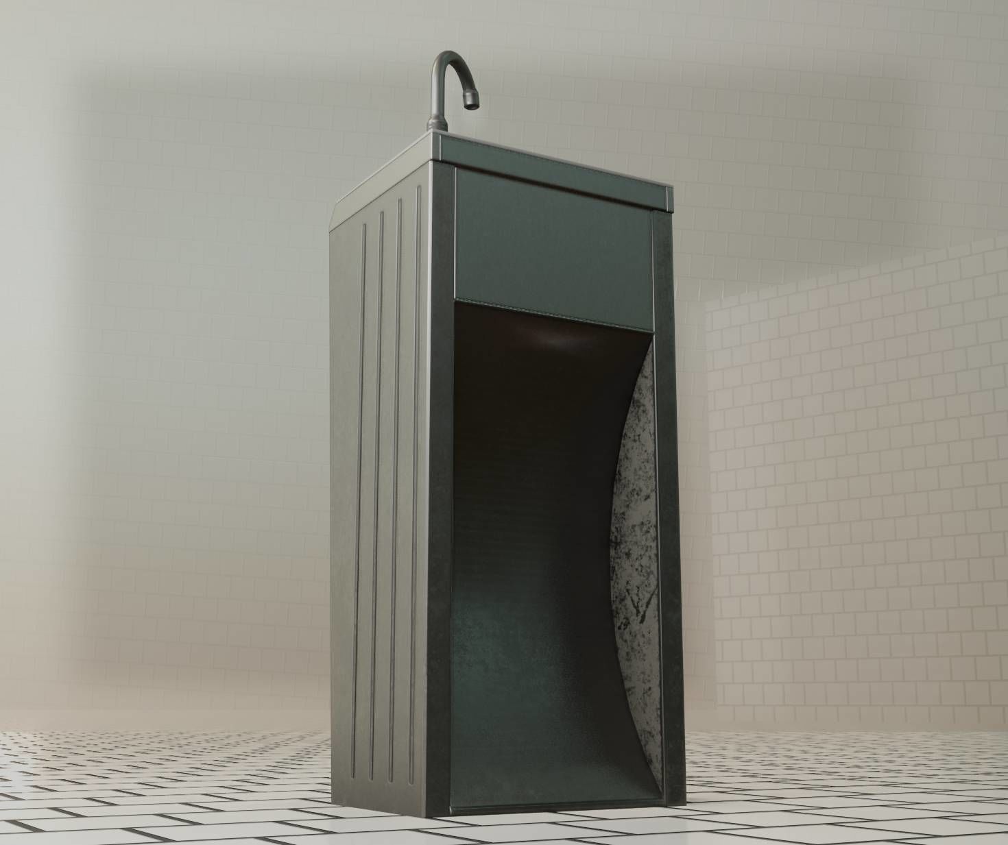 Public Metal Sink - 12- with Wastebin Low-poly 3D model_36