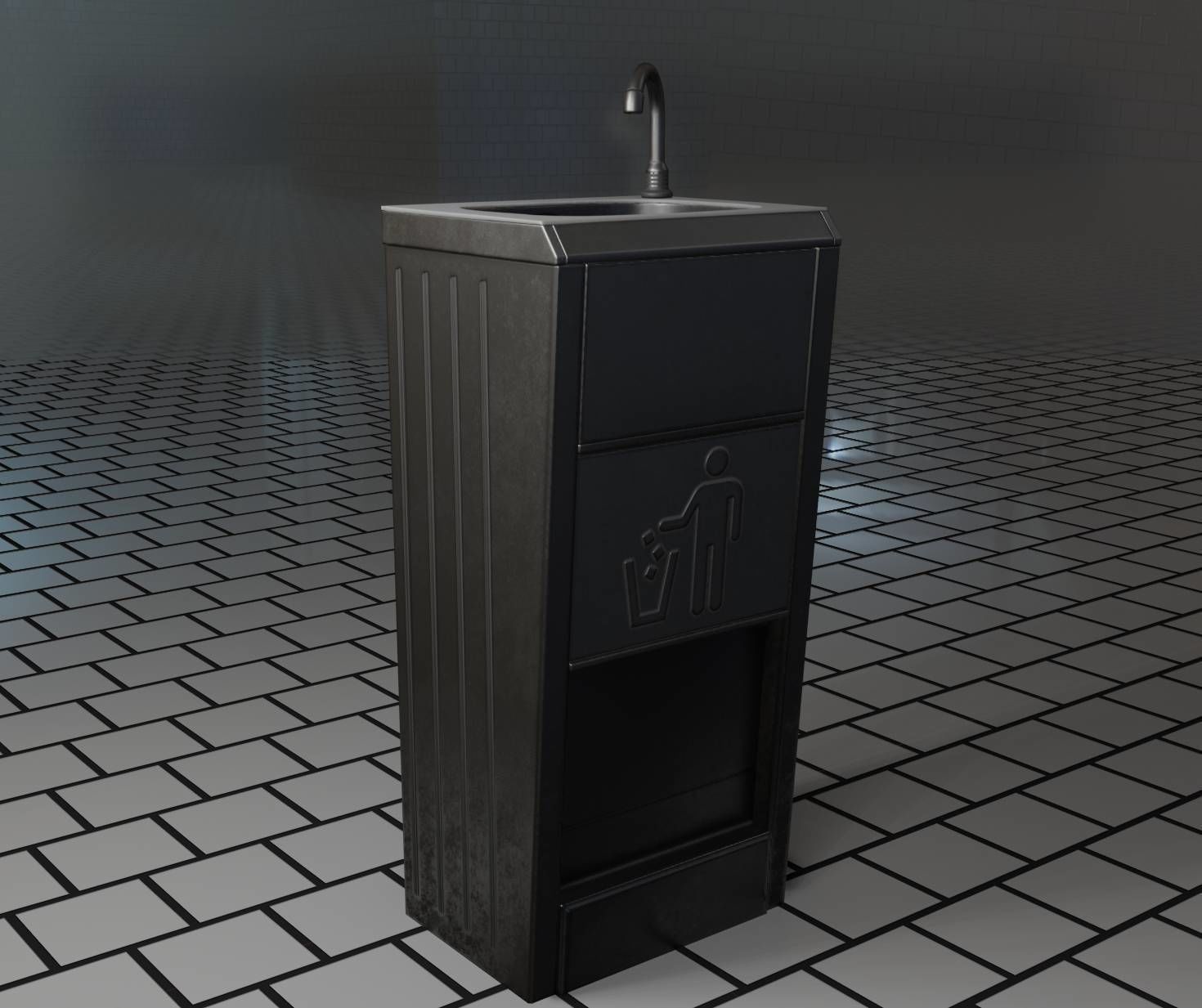 Public Metal Sink - 12- with Wastebin Low-poly 3D model_93