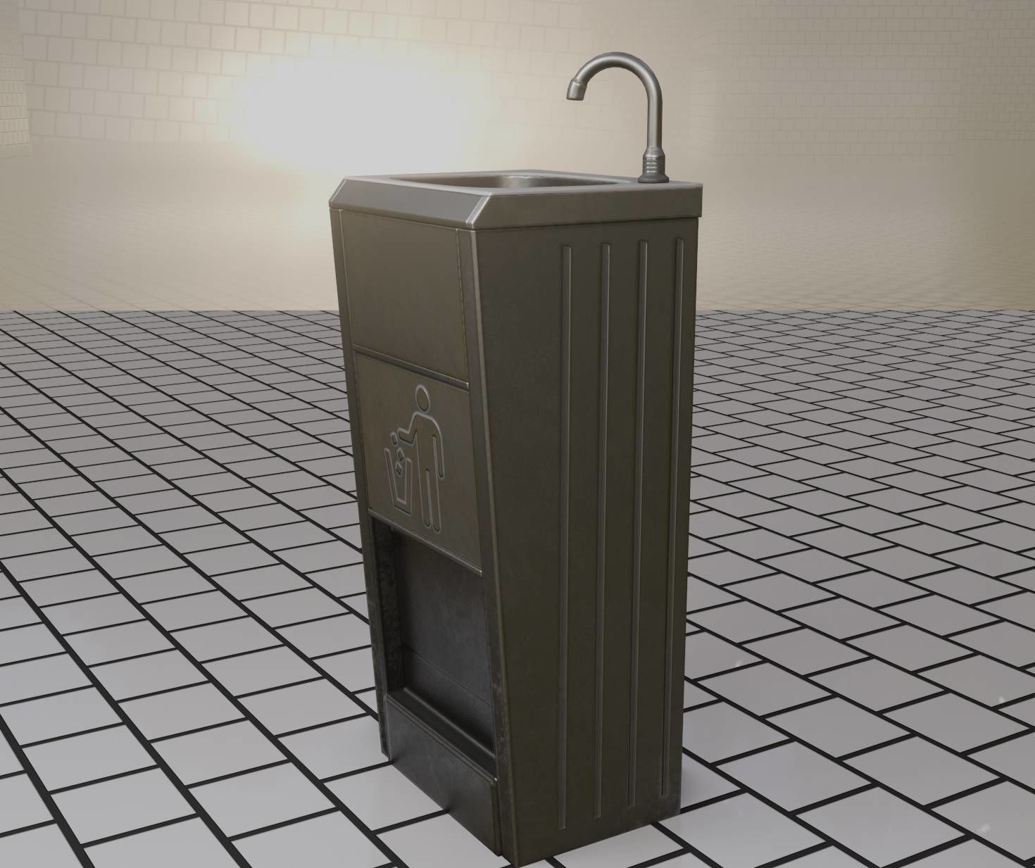 Public Metal Sink - 12- with Wastebin Low-poly 3D model_60