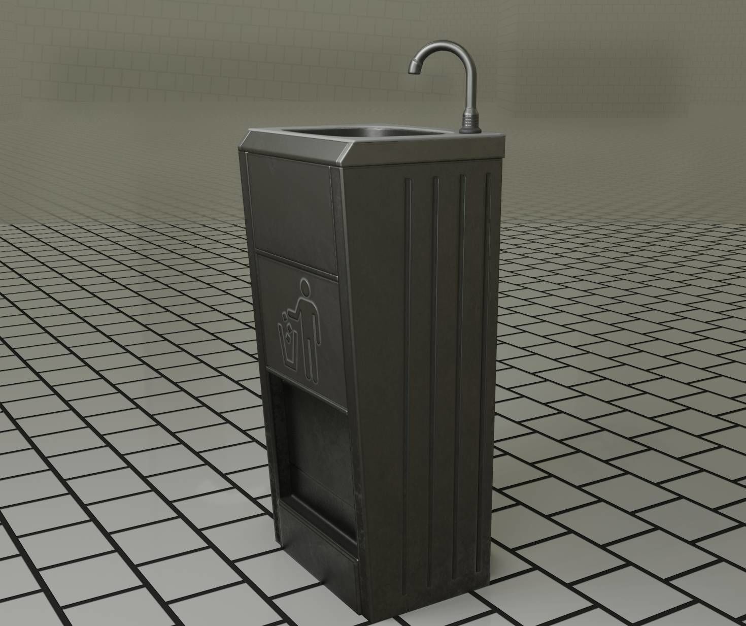Public Metal Sink - 12- with Wastebin Low-poly 3D model_29