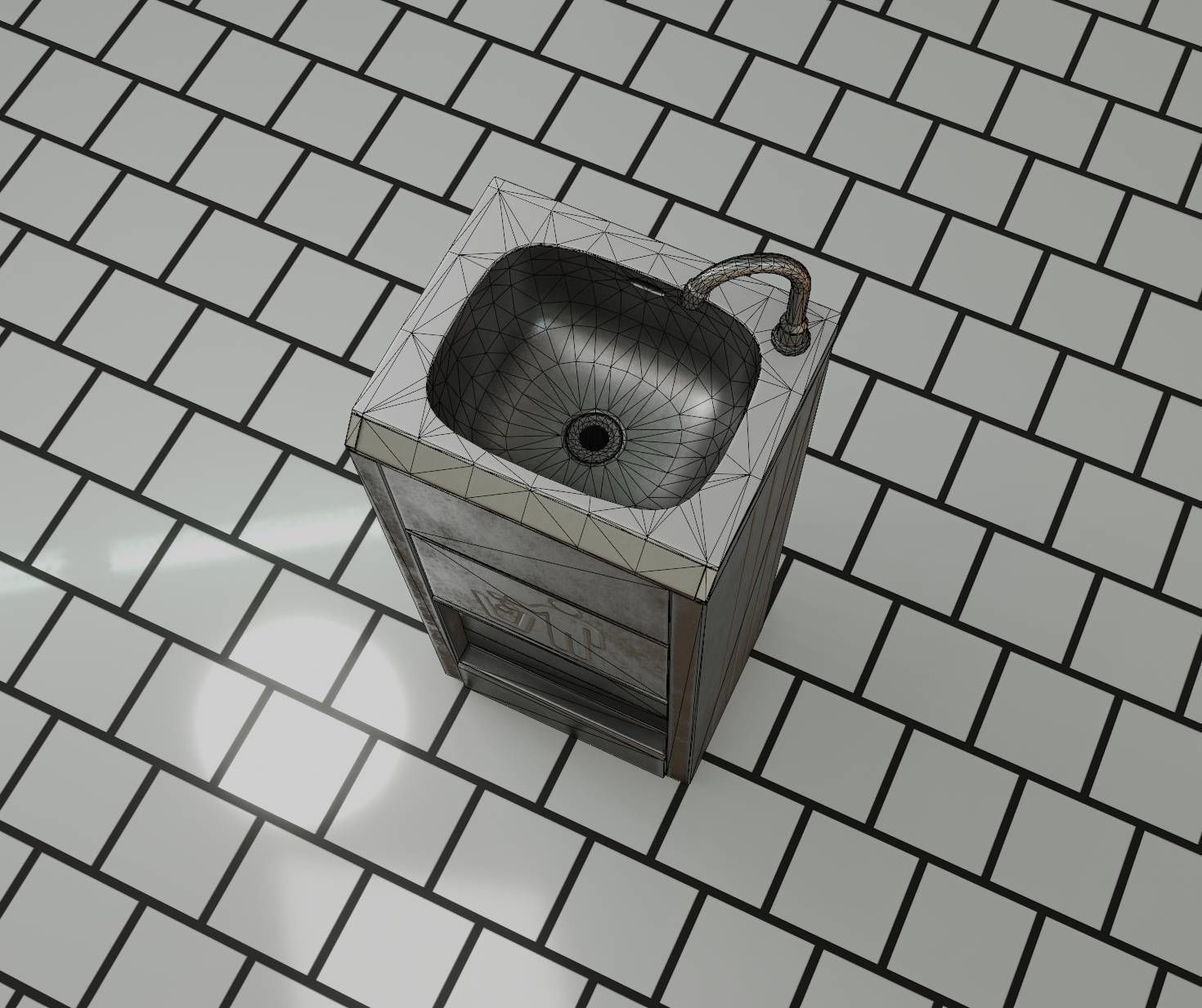 Public Metal Sink - 12- with Wastebin Low-poly 3D model_17
