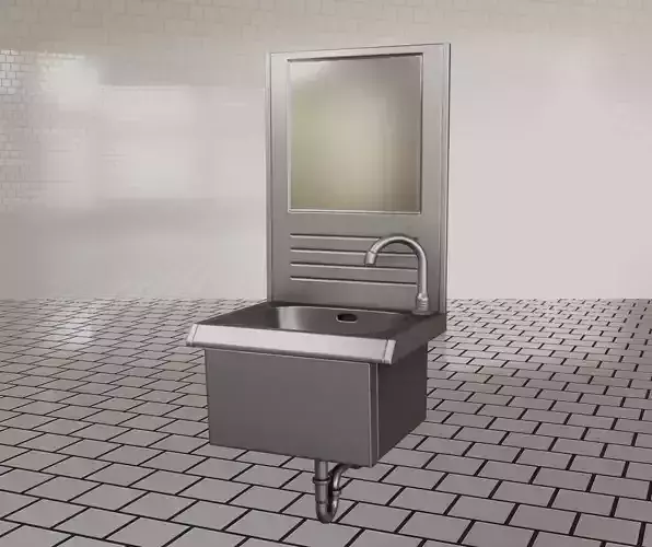 Public Metal Sink - 6 - Simple with Mirror Low-poly 3D model