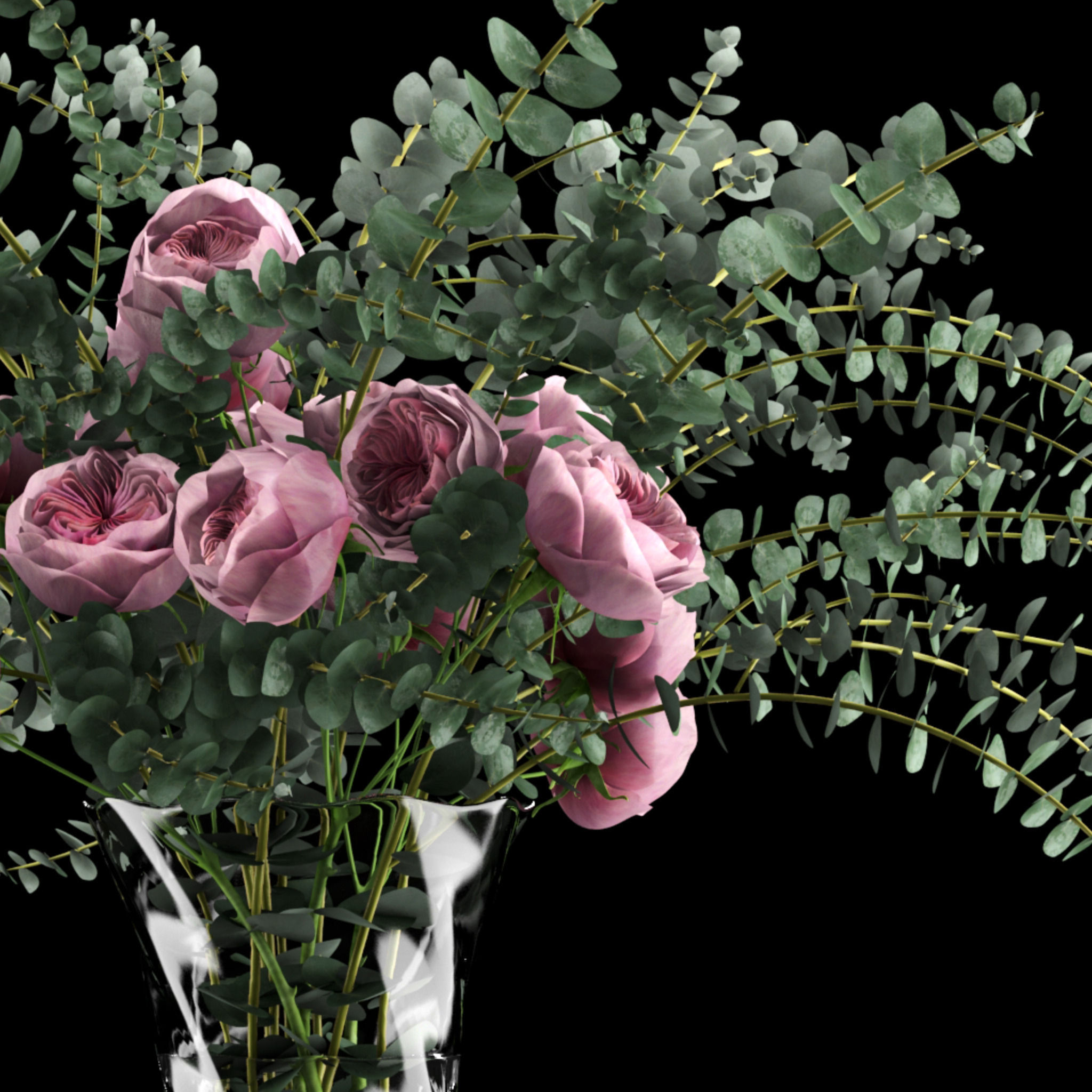 Pink roses and eucalyptus 3D model_1