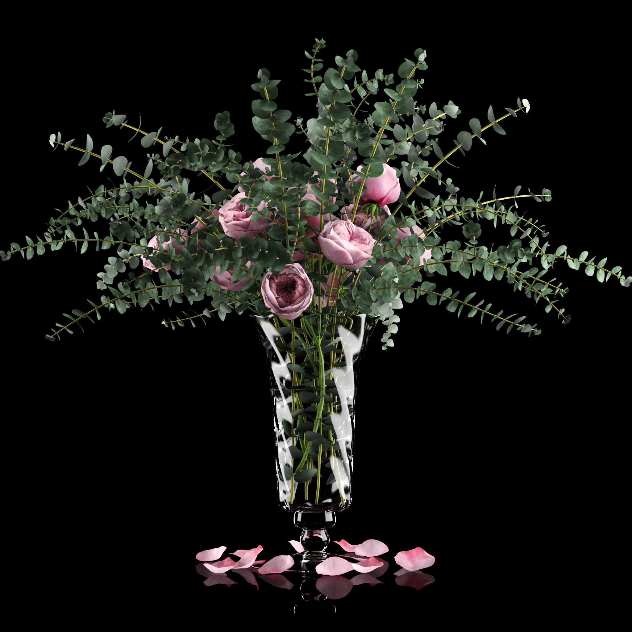 Pink roses and eucalyptus 3D model_3