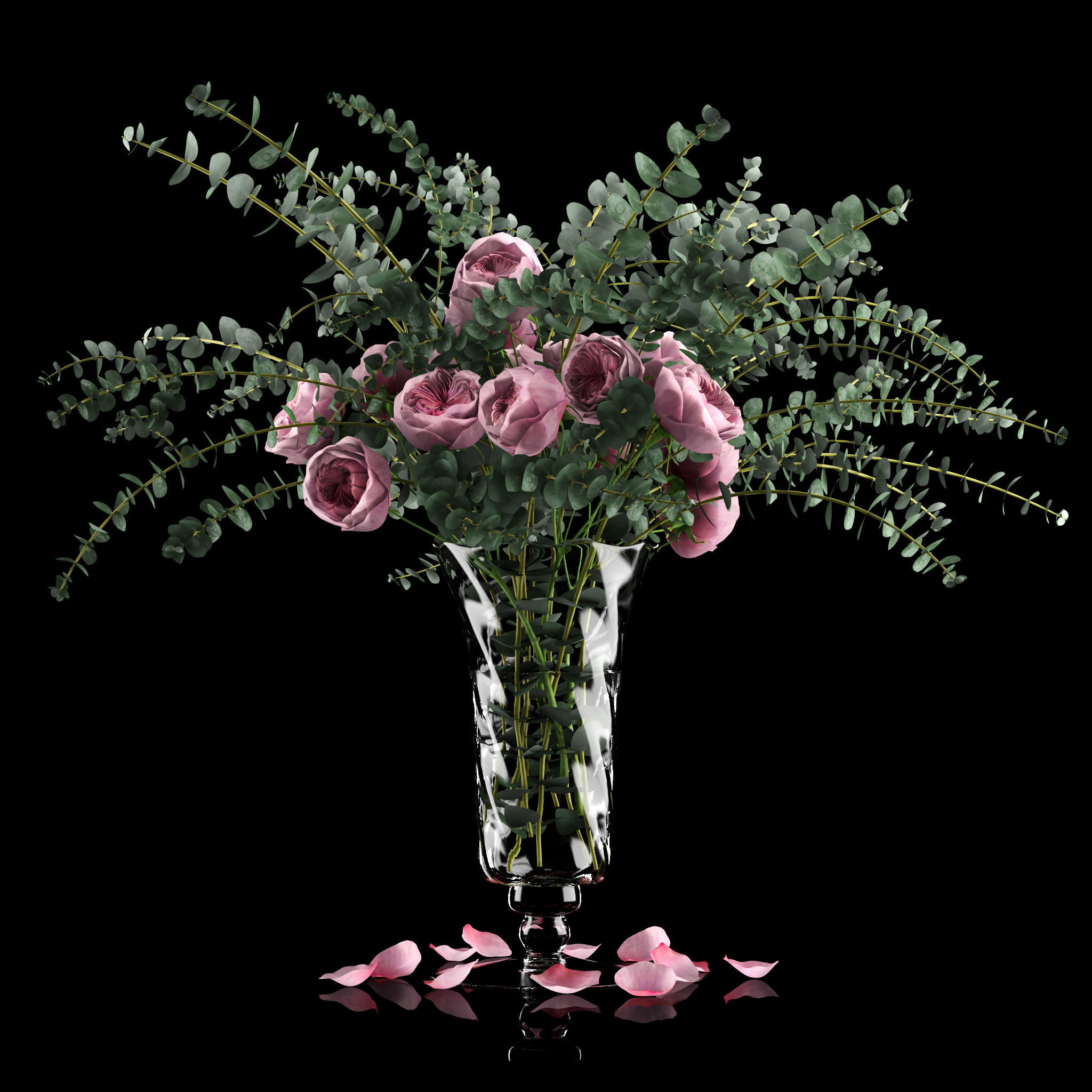 Pink roses and eucalyptus 3D model_4