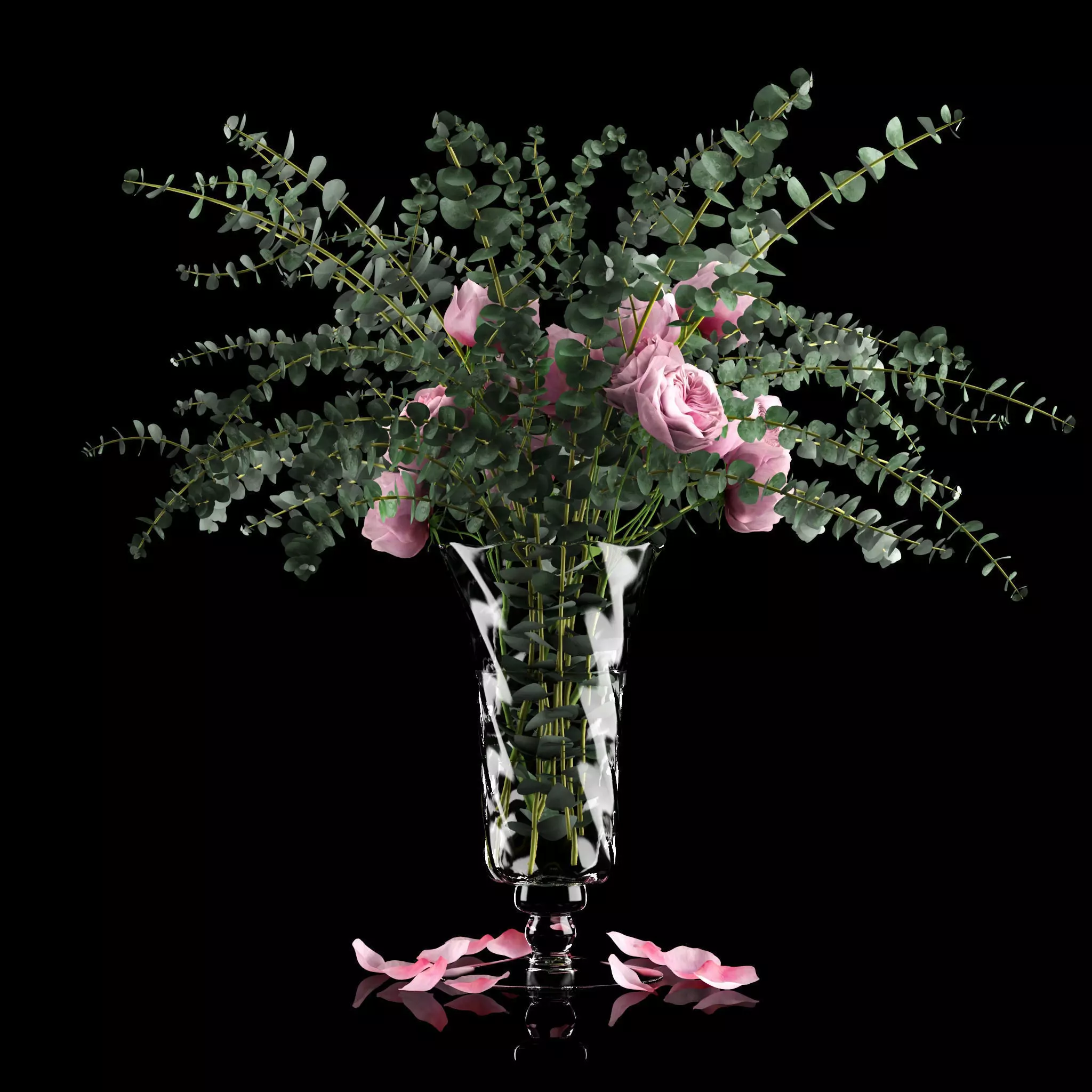 Pink roses and eucalyptus 3D model_0