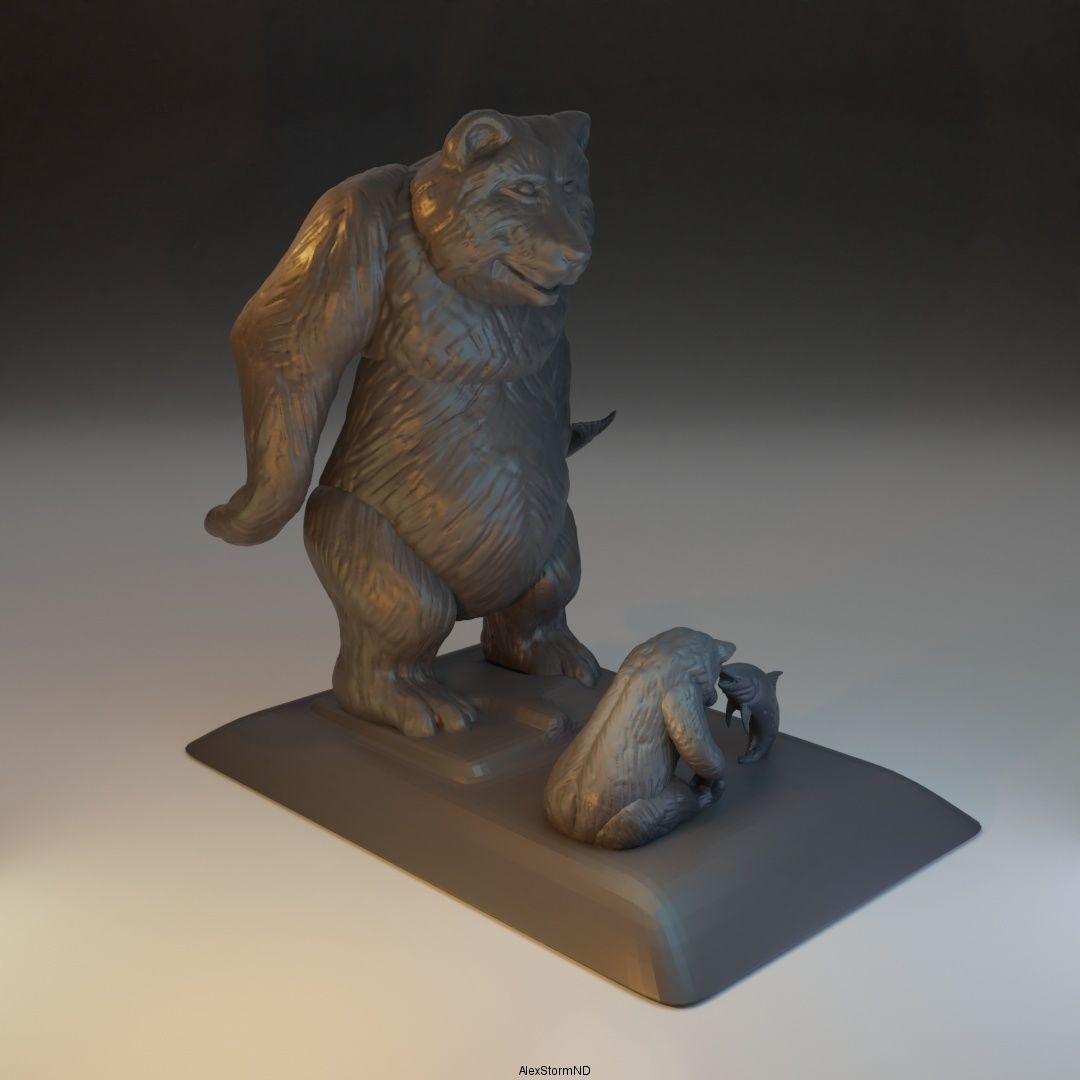 Daddy bear and baby bear catch fish 3D print model_3