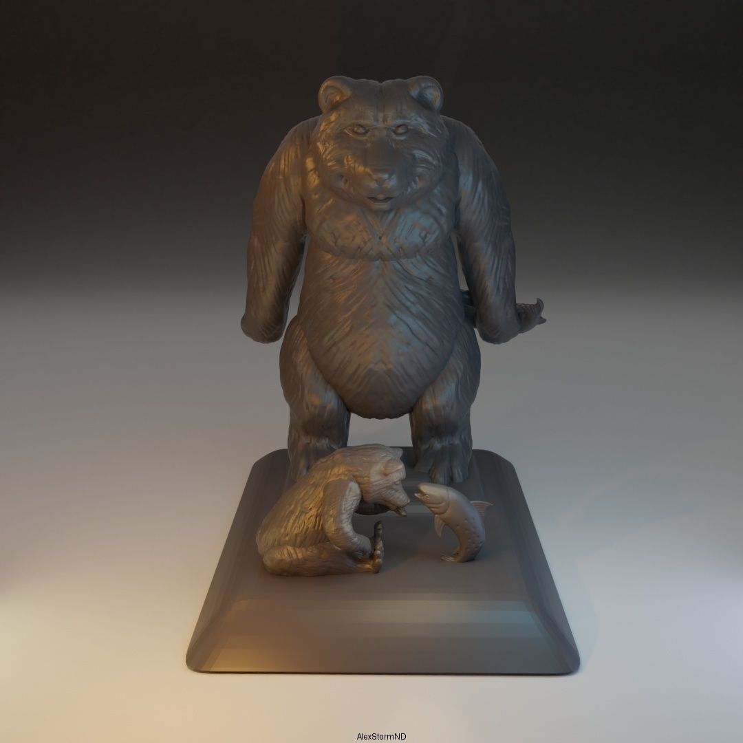 Daddy bear and baby bear catch fish 3D print model_4
