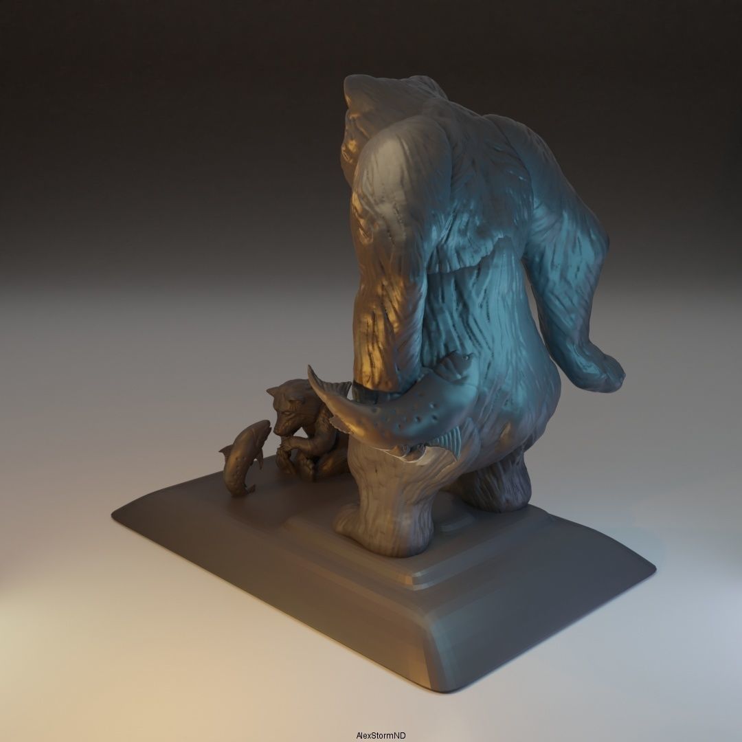 Daddy bear and baby bear catch fish 3D print model_1