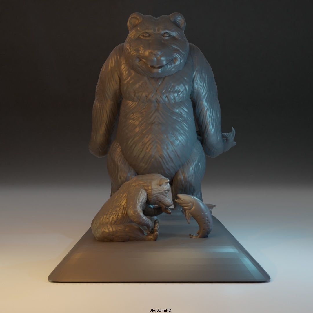 Daddy bear and baby bear catch fish 3D print model_0