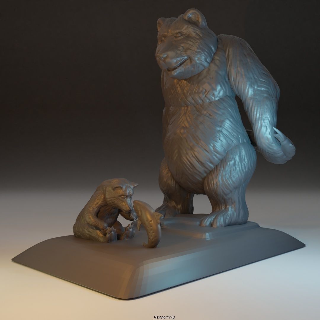Daddy bear and baby bear catch fish 3D print model_2