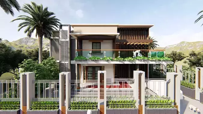 residence model modern house with fence and palm trees 3D model