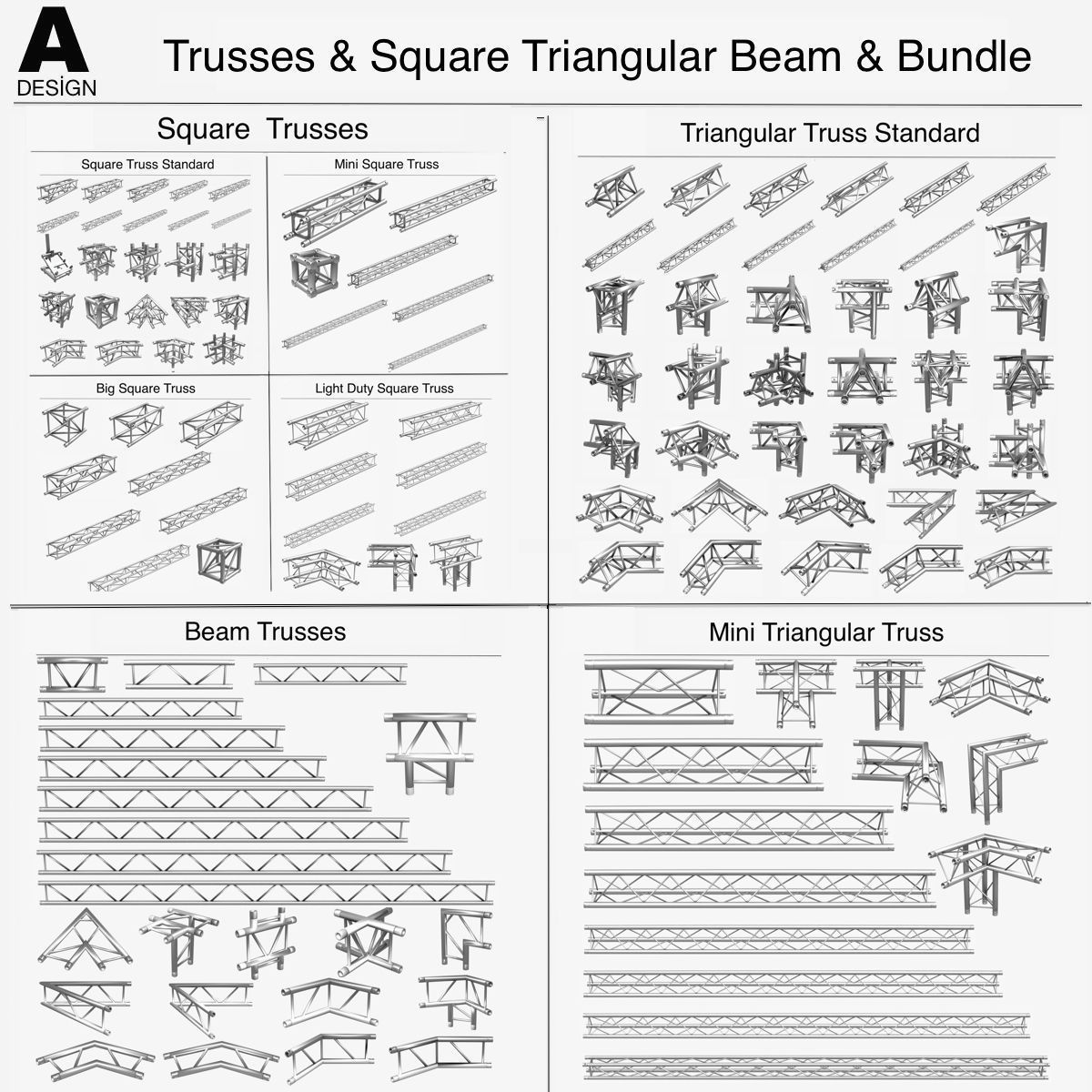 Trusses Square Triangular Beam Bundle Collection 129 PCS Modular 3D model_2