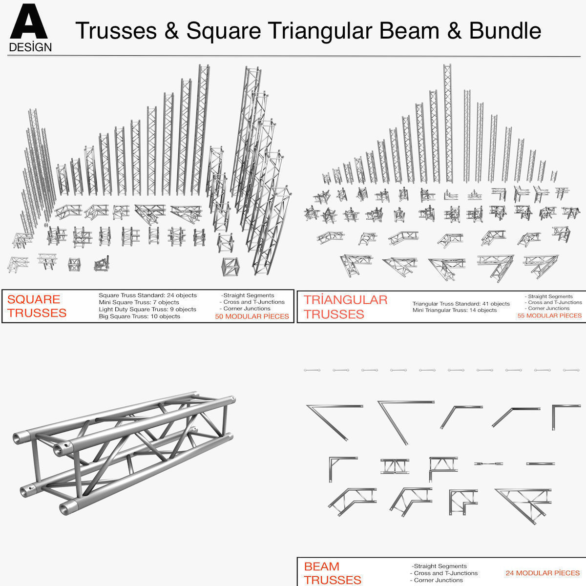 Trusses Square Triangular Beam Bundle Collection 129 PCS Modular 3D model_3