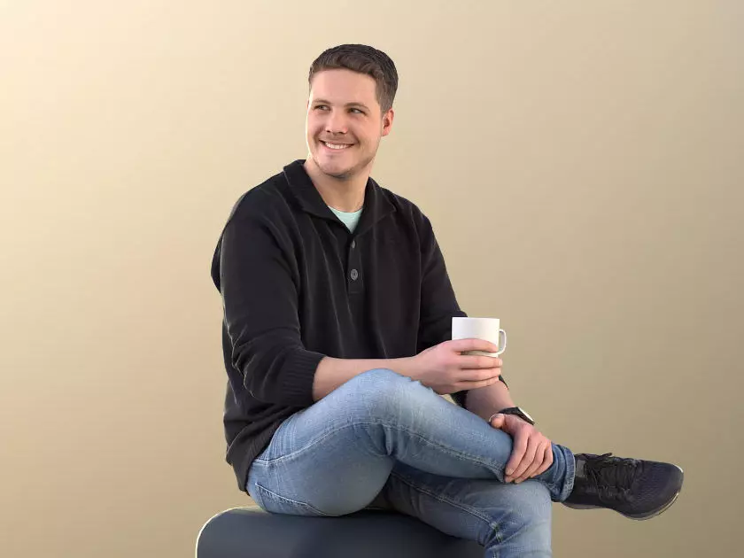 Liam 11102 - Smiling Casual Man Sitting And Drinking Coffee 3D model_0