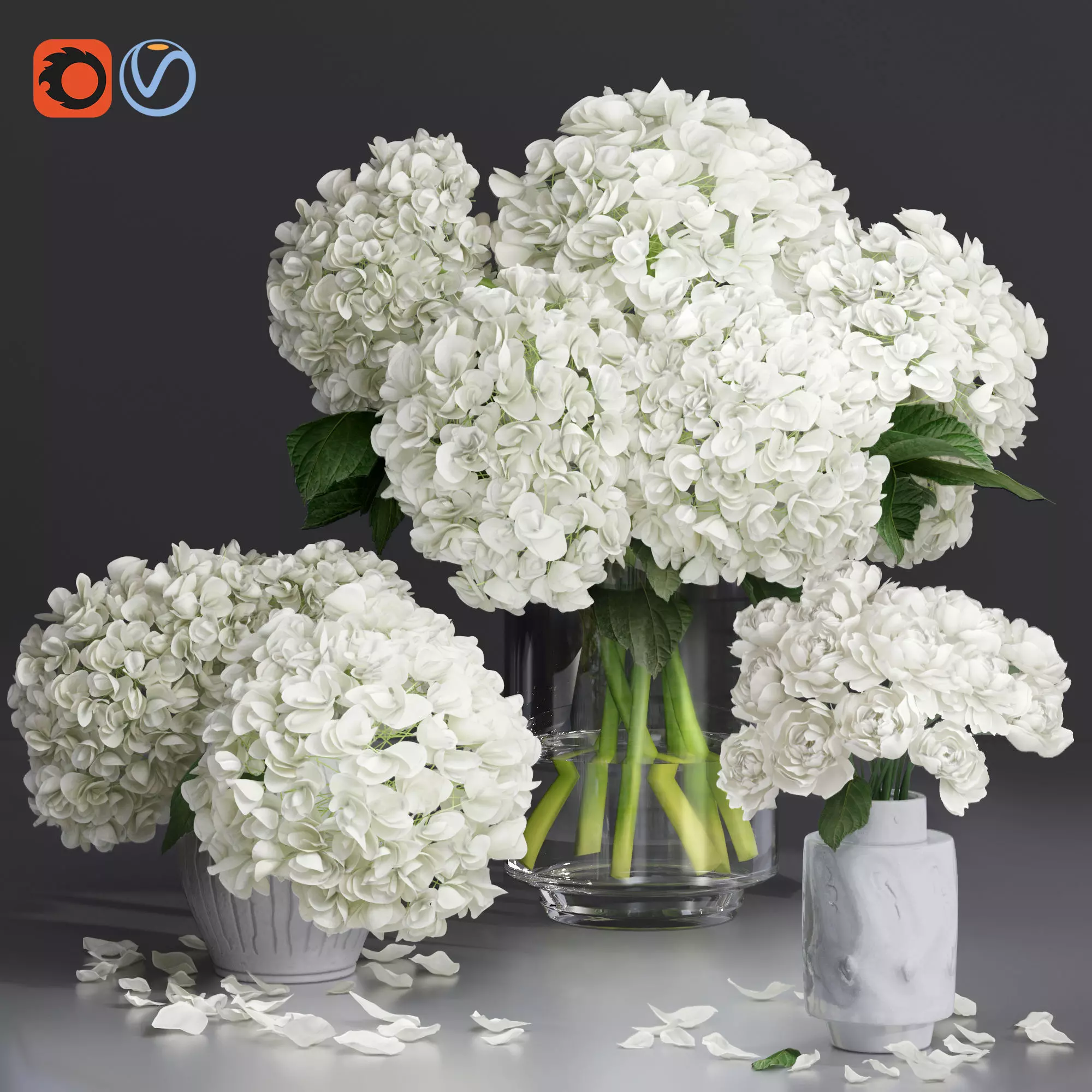 Hydrangea and peony Bouquet Flower plant Vase decorative set 3D model_0