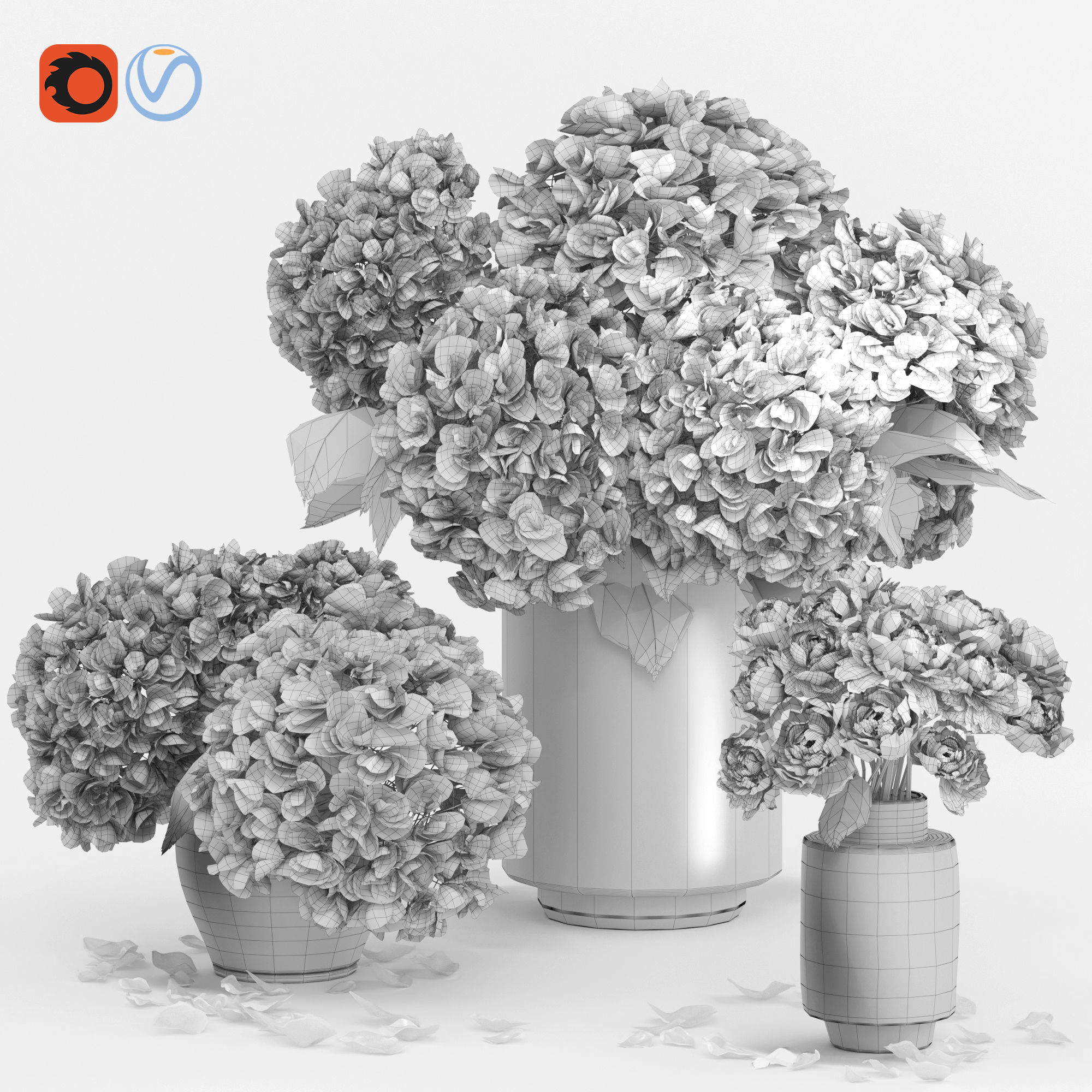 Hydrangea and peony Bouquet Flower plant Vase decorative set 3D model_2