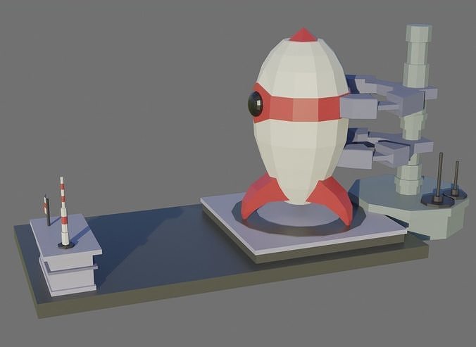 Low Poly Rocket with Launch Pad Free low-poly 3D model