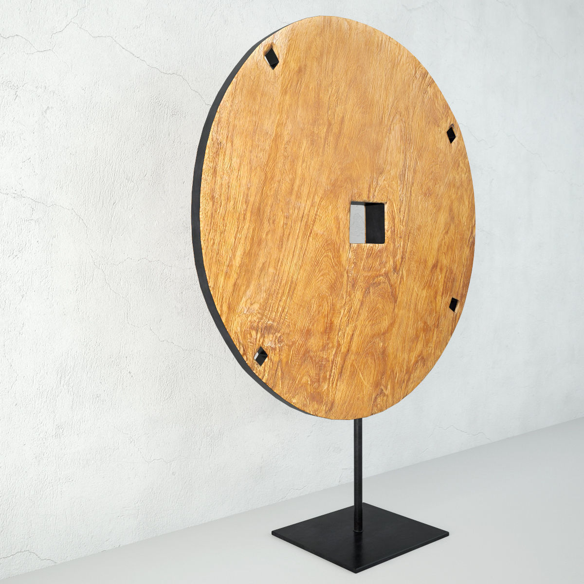 Wood Modern Sculpture with an Arcaic Wooden Wheel 3D model_3