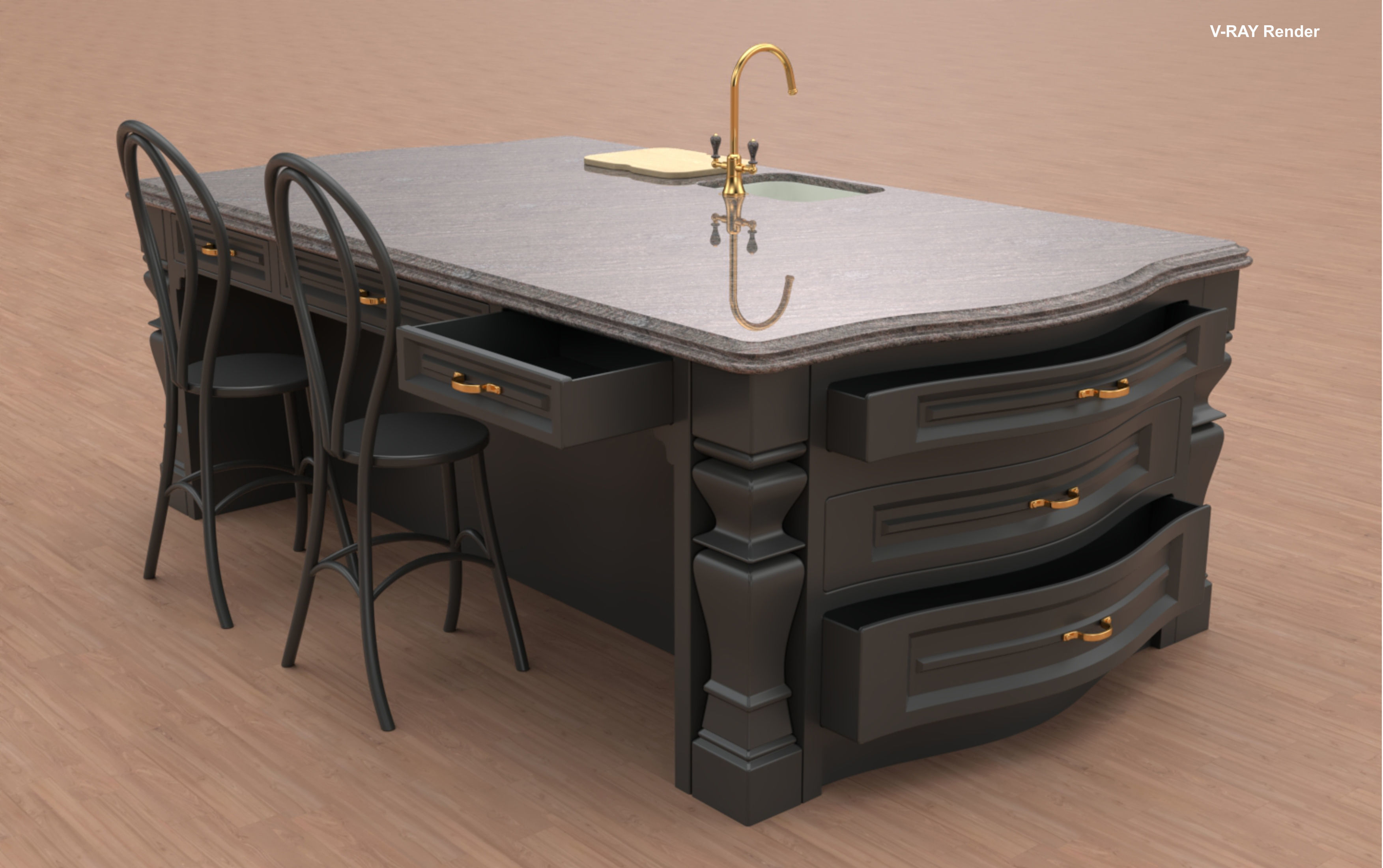 Kitchen Island With Basin Low-poly 3D model_16
