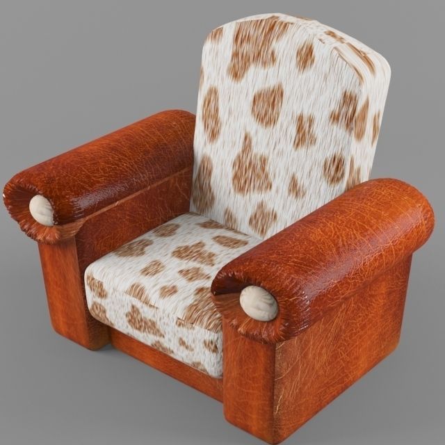 Country Reading Corner cow leather armchair with pouf and table 3D model_1