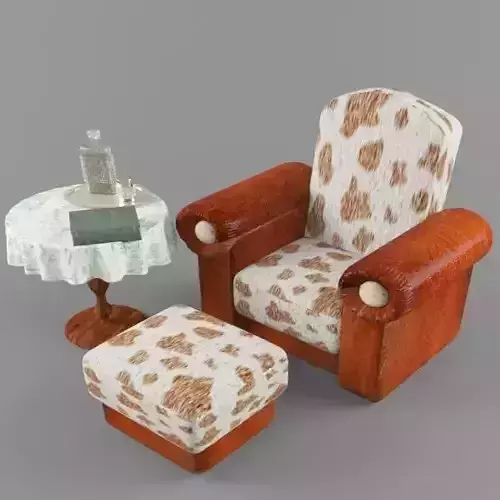 Country Reading Corner cow leather armchair with pouf and table 3D model