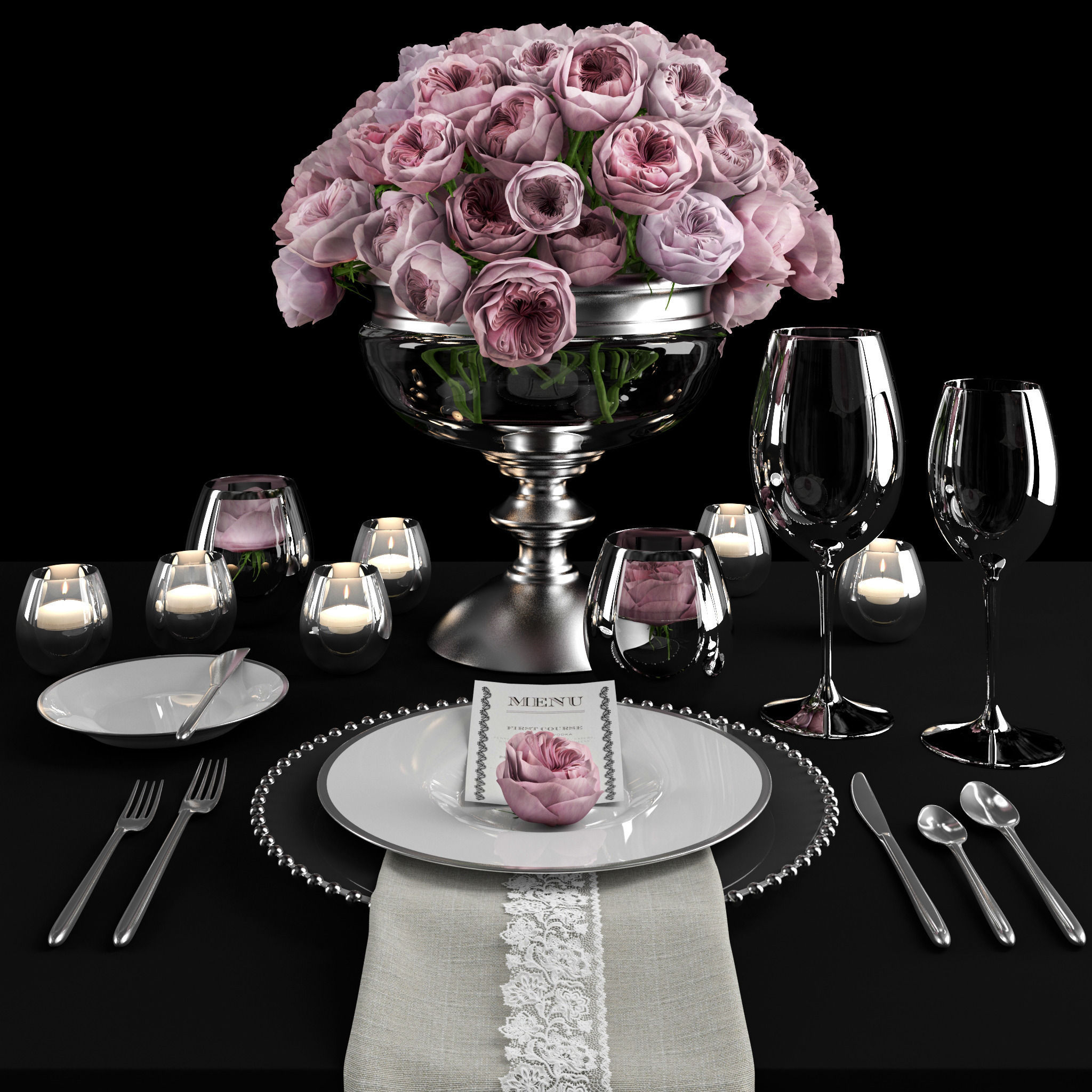 Table setting with roses  3D model_4