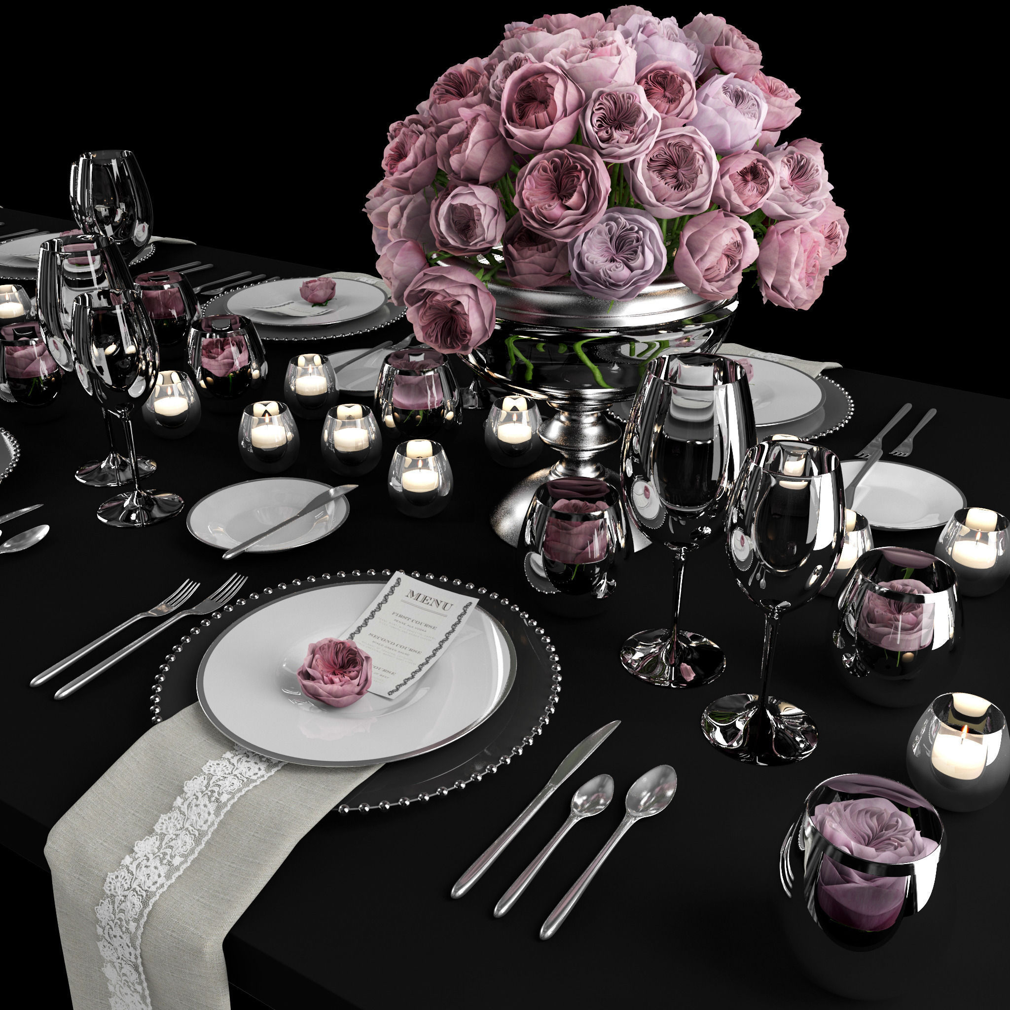 Table setting with roses  3D model_1