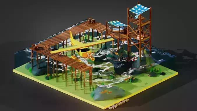 Stylized Seaplane And Sea Shack Low-poly 3D model