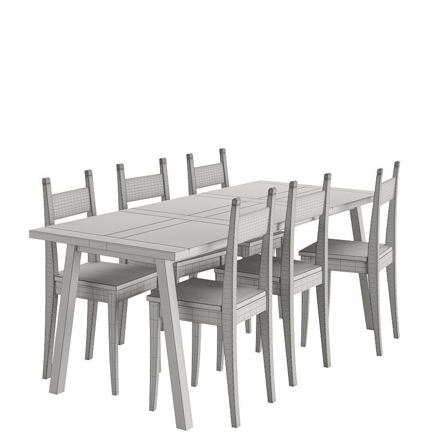 White wood table group - Classical style 3D model_1