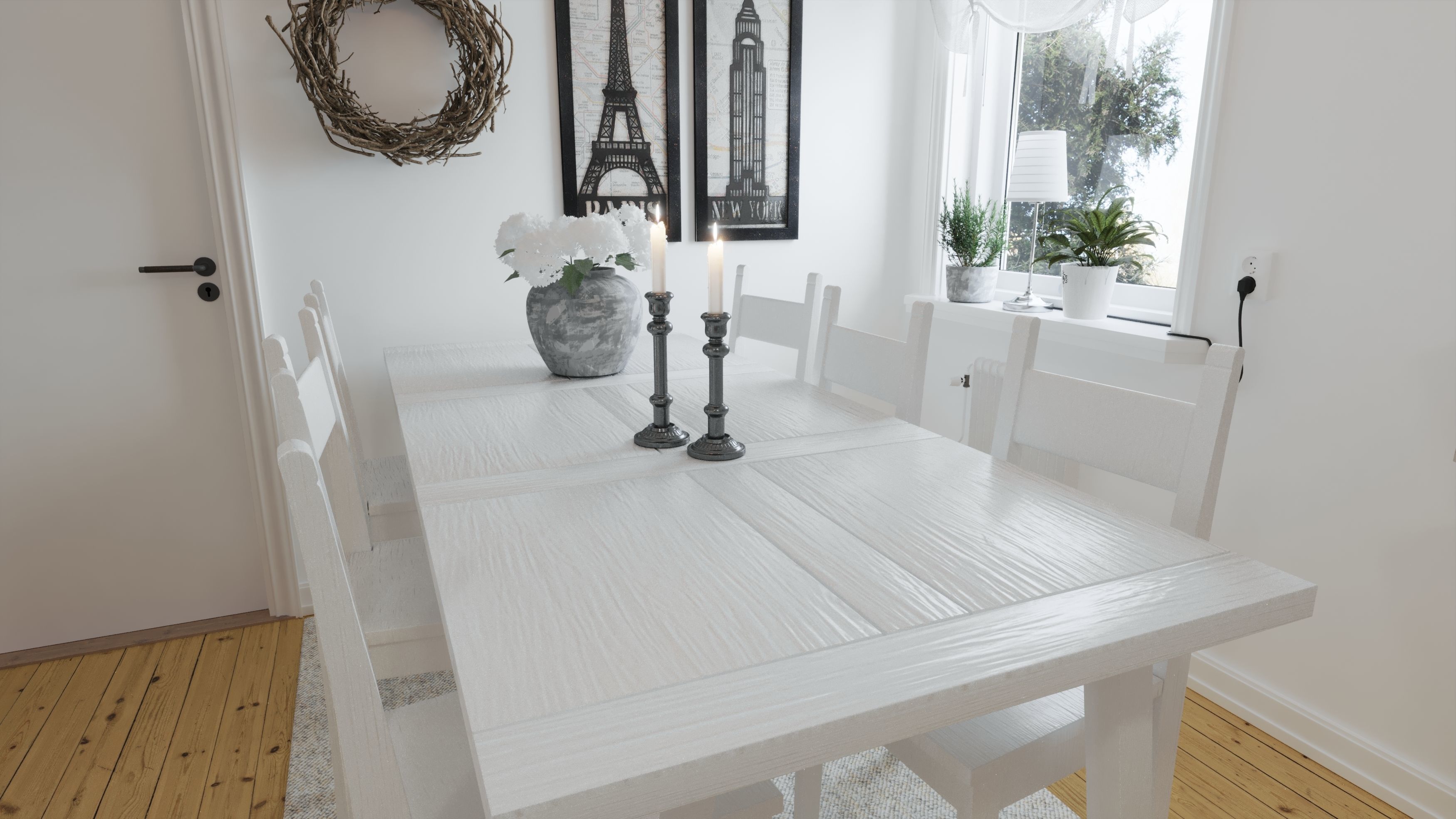 White wood table group - Classical style 3D model_4