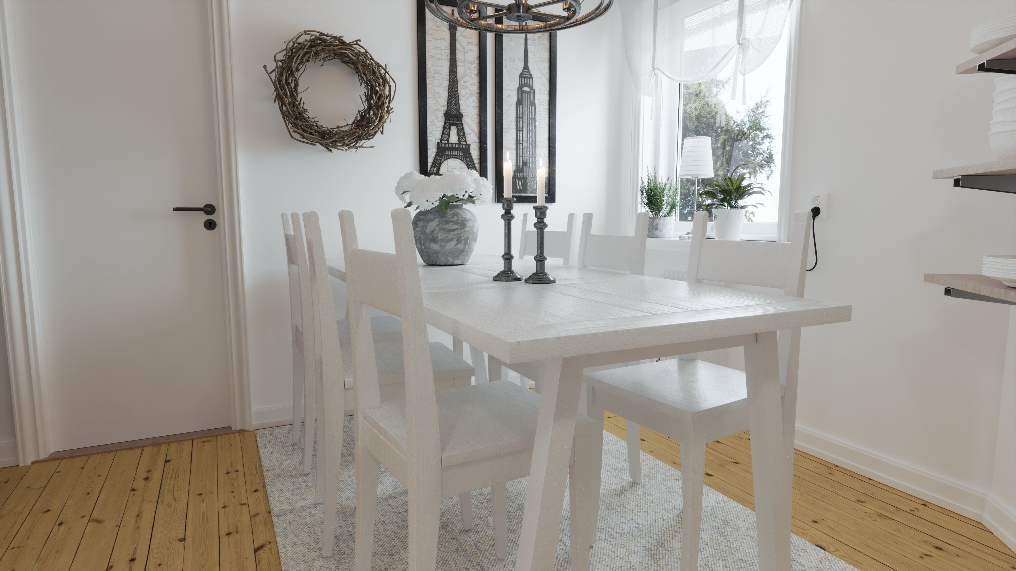 White wood table group - Classical style 3D model_5