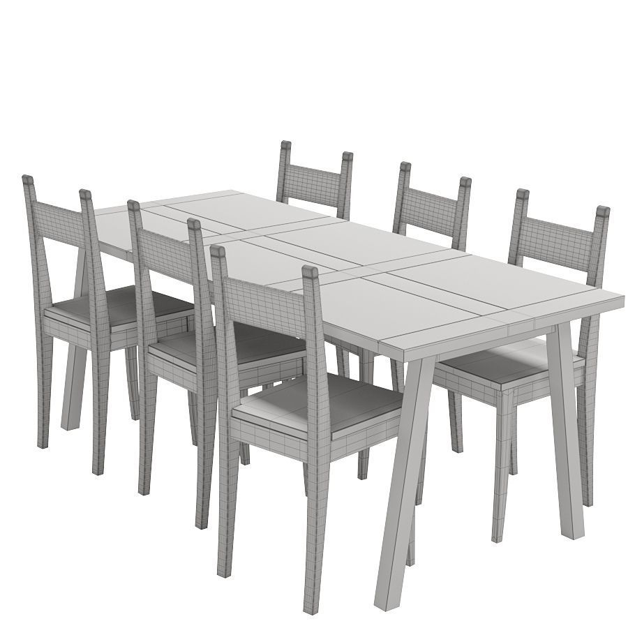 White wood table group - Classical style 3D model_3