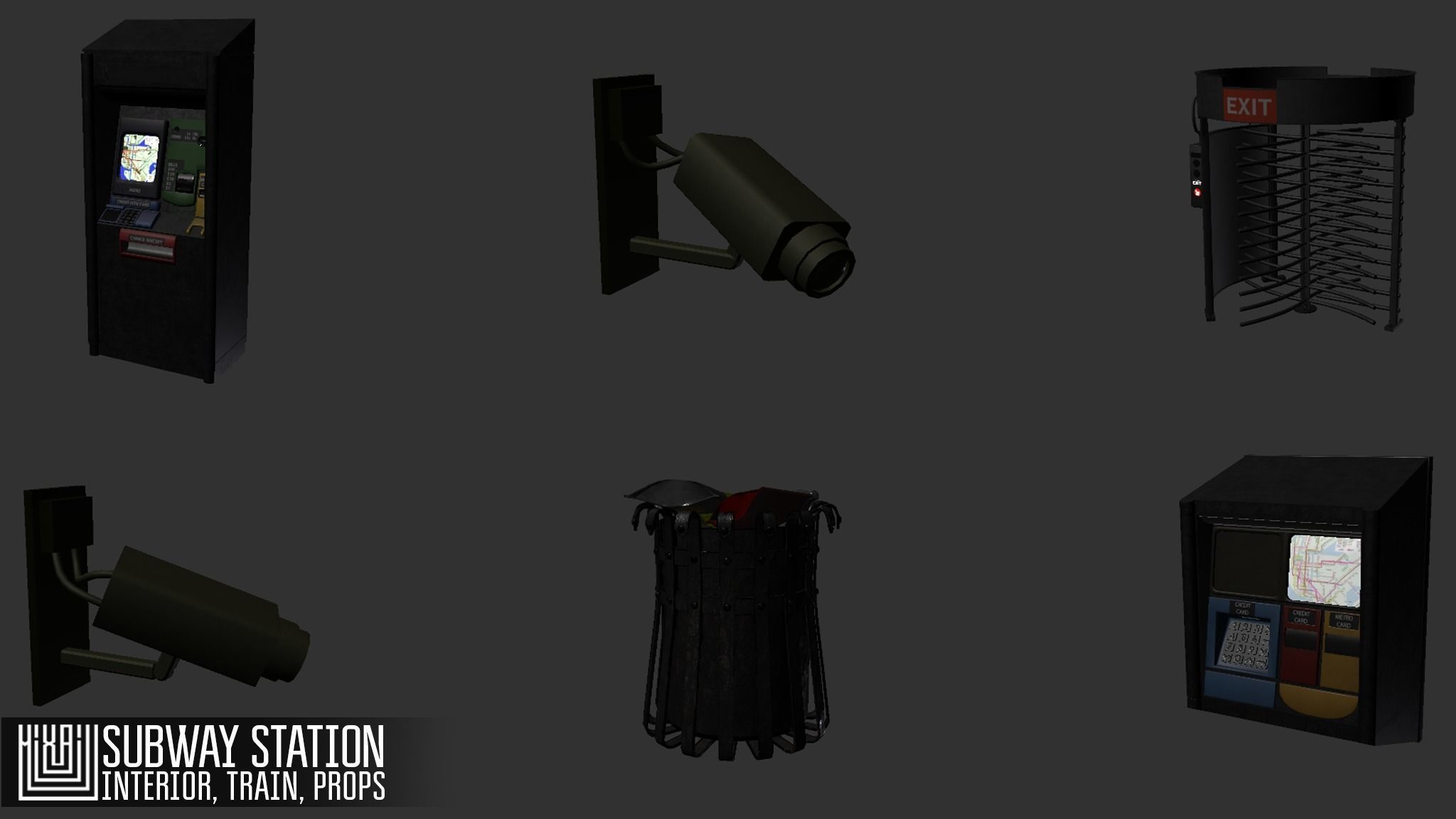 Subway station -  train and props Low-poly 3D model_11