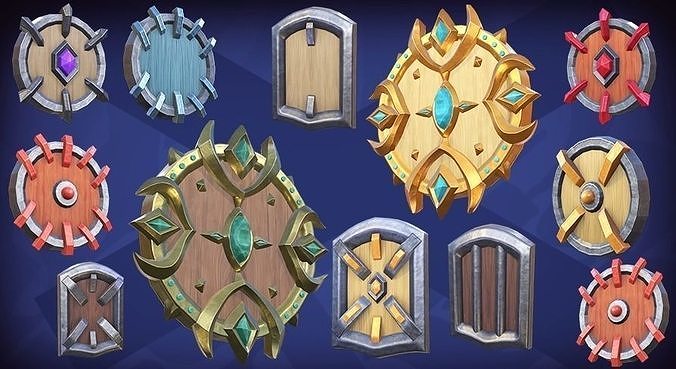 Stylized Shields PBR Asset Pack Low-poly 3D model