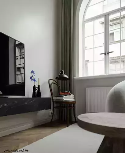 livingroom-Scandinavian-style round marble table with plant