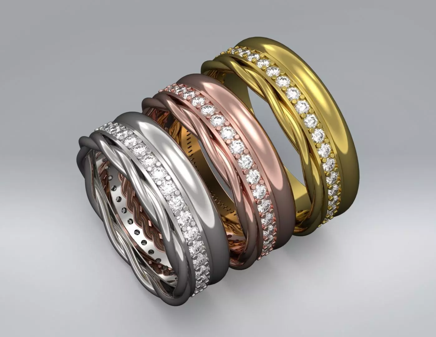 Triple row braided wire diamond wedding and engagement ring 3D print model