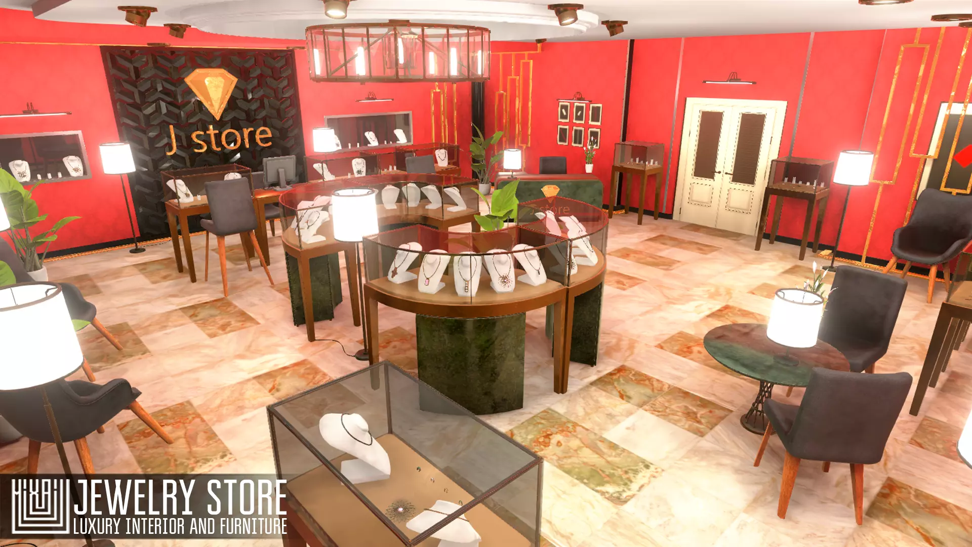 Jewelry store - luxury interior and furniture Low-poly 3D model_0