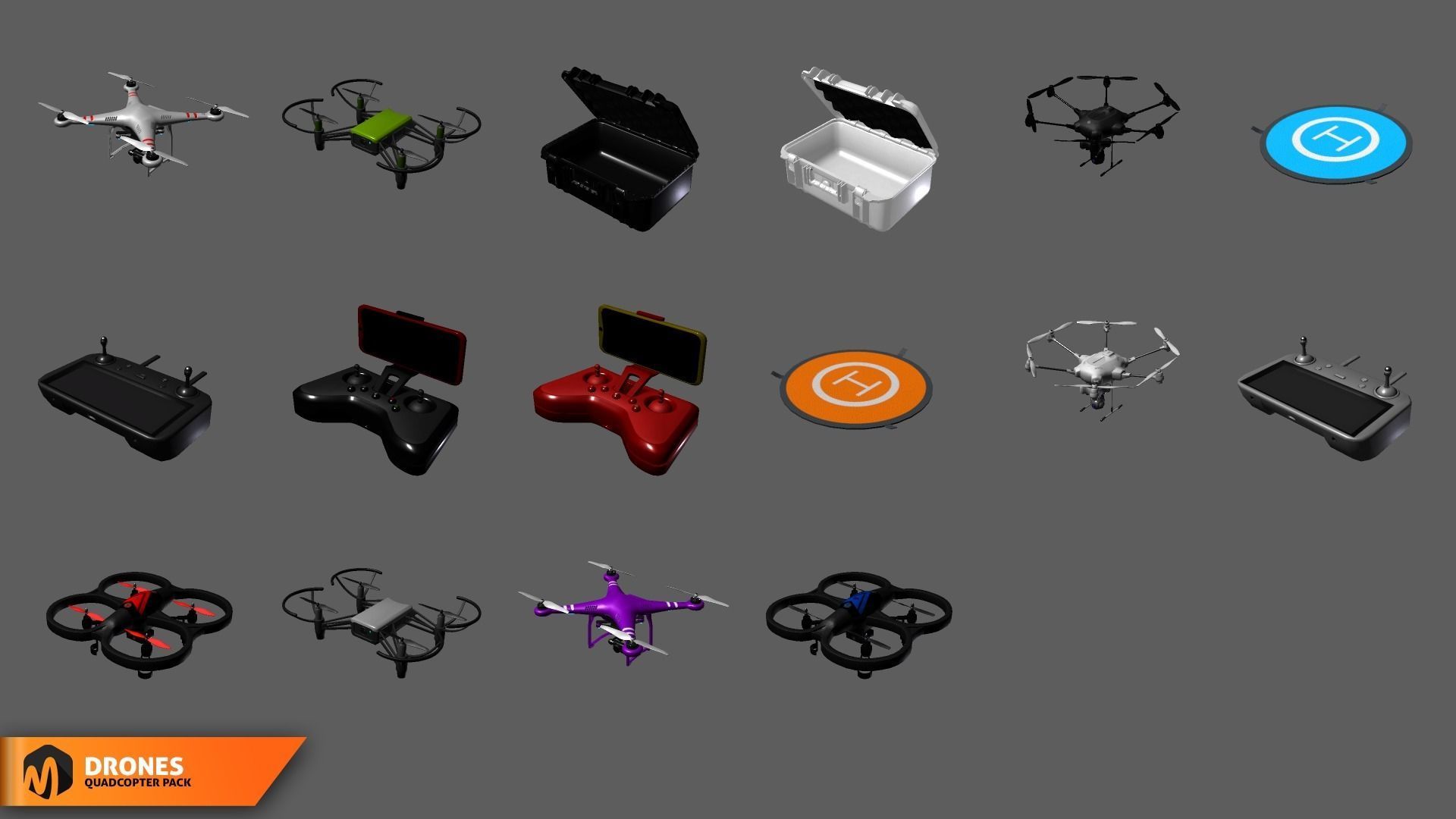 Quadcopter pack - drones Low-poly 3D model_9