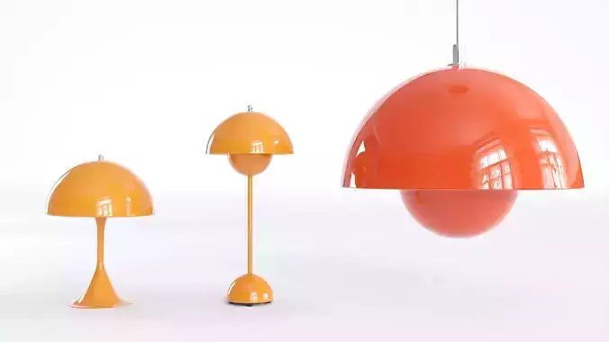 Three Retro Lamps 3D Model  - 1 Table Red and 2 Ceiling Yellow 3D model