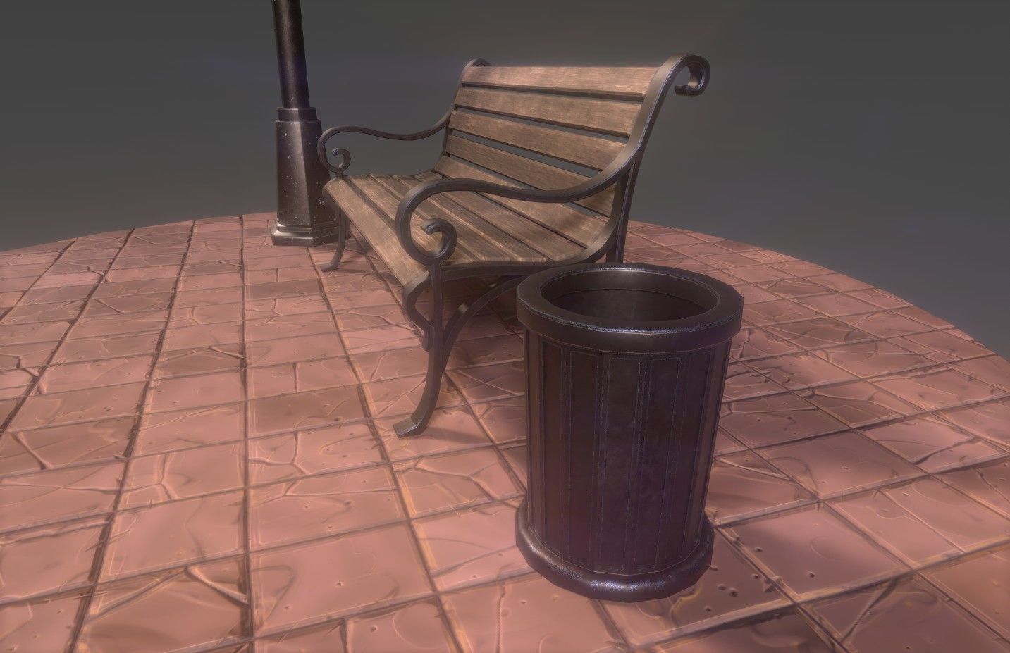 Park bench plus lantern and garbage bin Low-poly 3D model_2