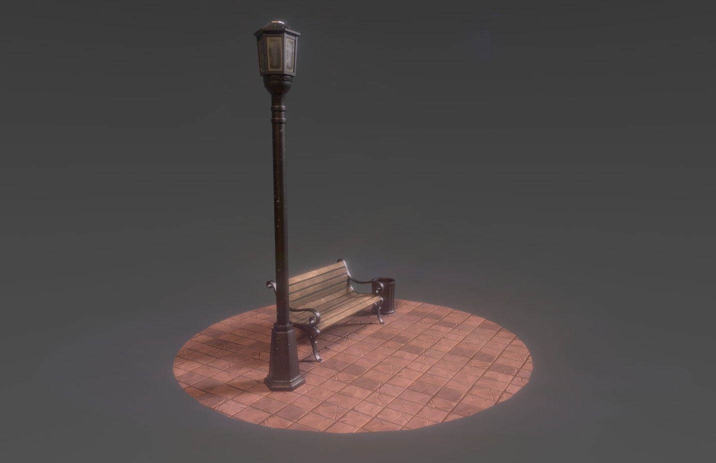 Park bench plus lantern and garbage bin Low-poly 3D model_12