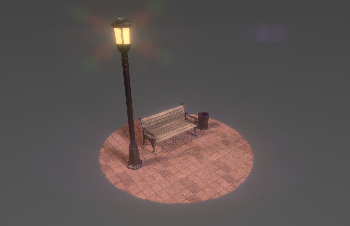 Park bench plus lantern and garbage bin Low-poly 3D model_1
