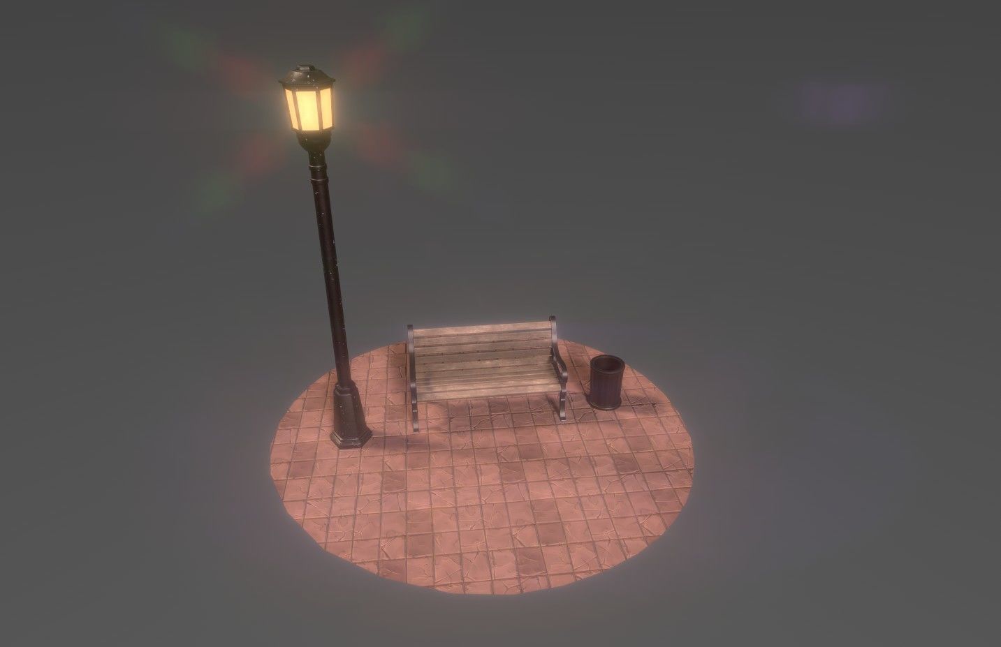 Park bench plus lantern and garbage bin Low-poly 3D model_3