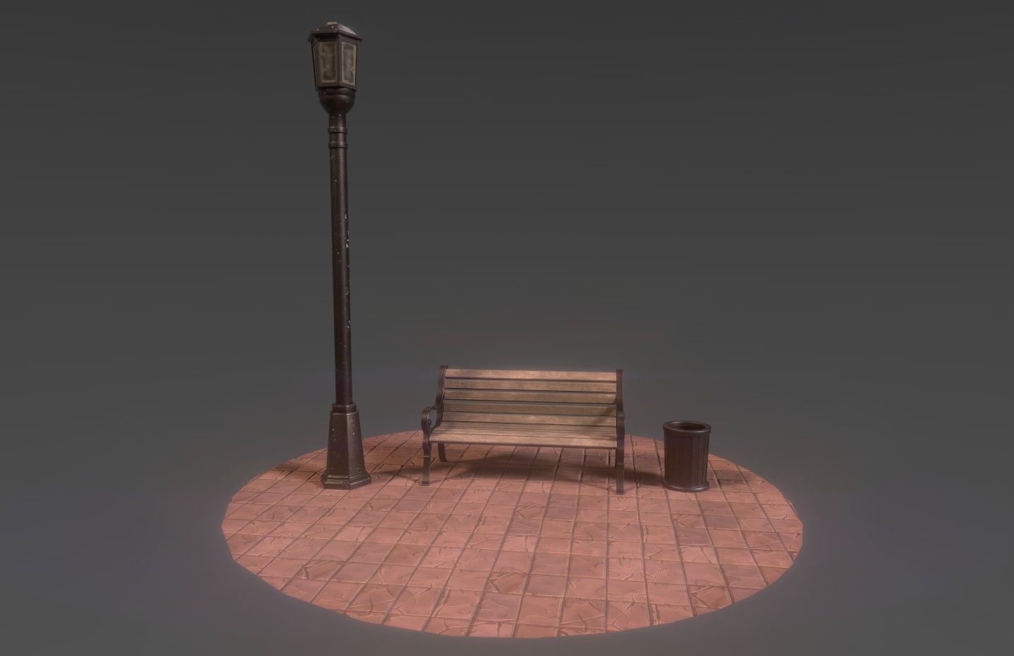 Park bench plus lantern and garbage bin Low-poly 3D model_11